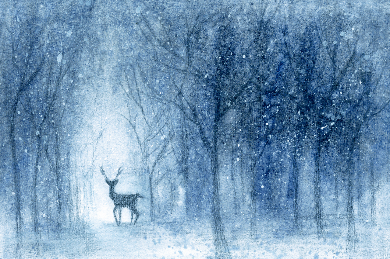 Illustration of a deer in snowy forest