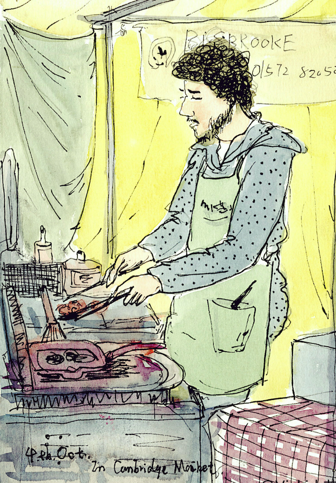 Illustration of man cooking in market stall