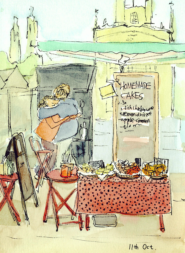 Illustration of cake stall in market