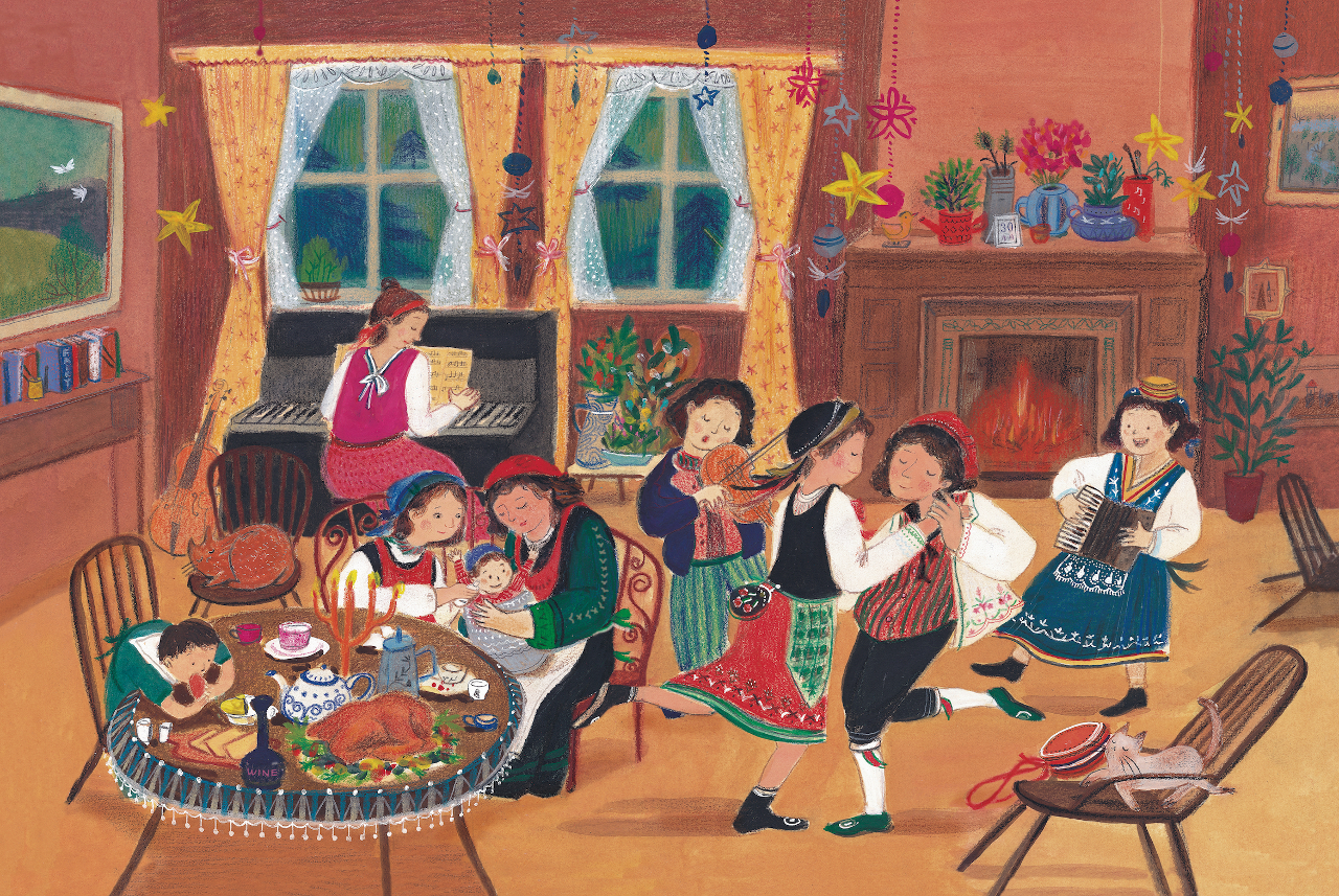 Illustration of women and children in room dancing and playing music