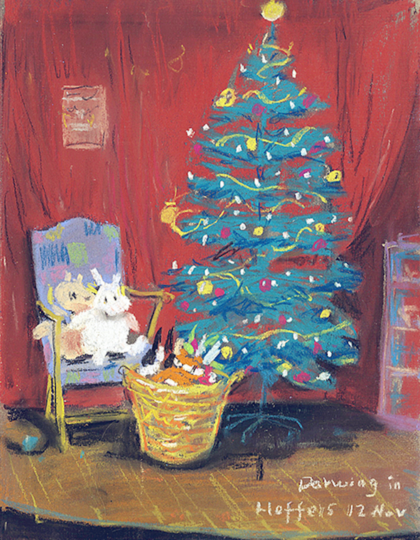 Illustration of Heffers' bookstore Christmas display, with tree and stuffed animals in chair