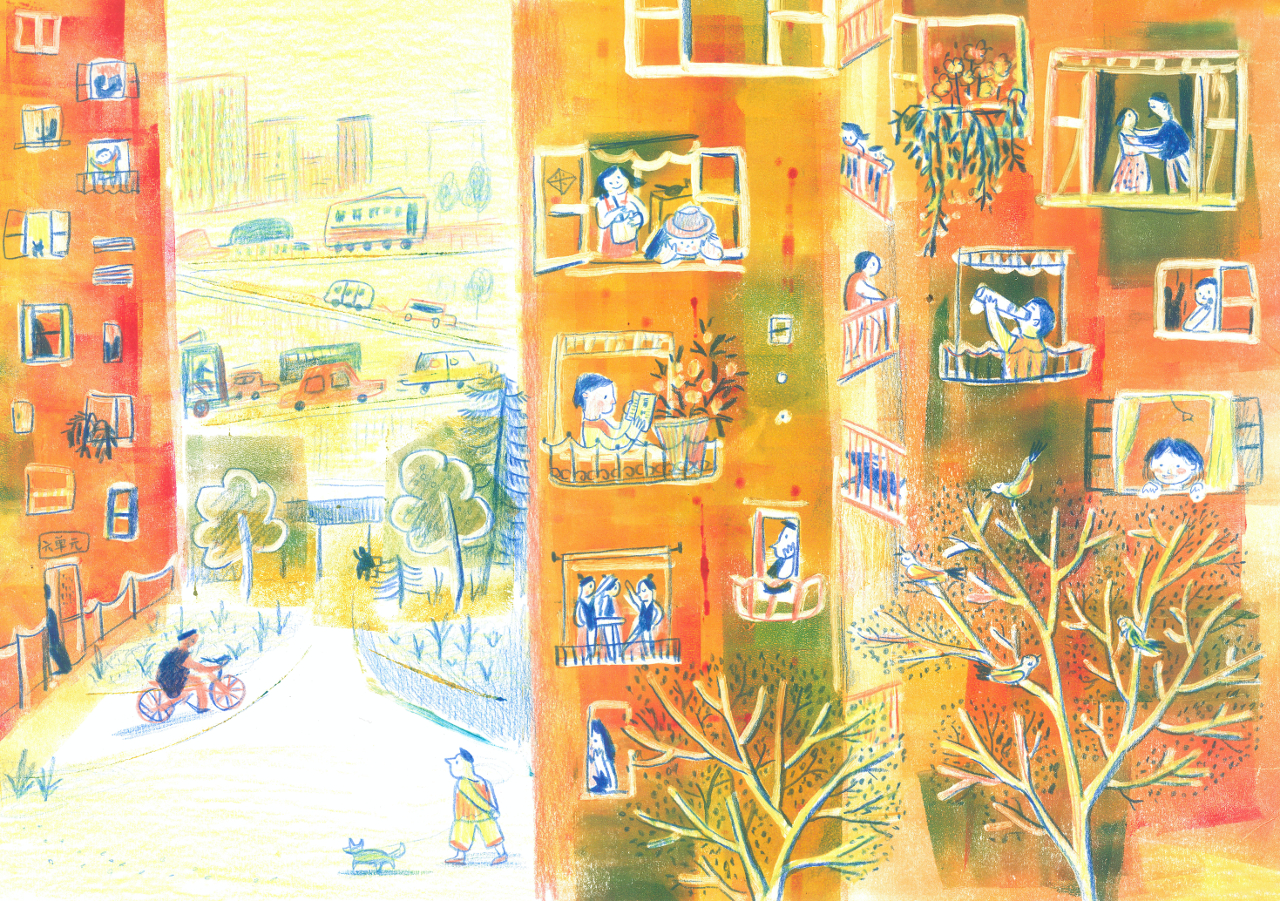 Illustration of people in windows of block of flats next to busy expressway