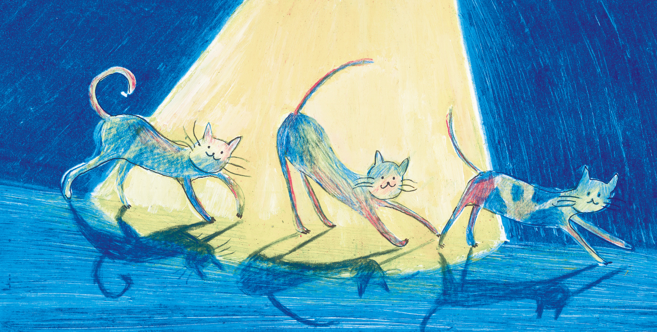 Illustration of three cats walking under spotlight