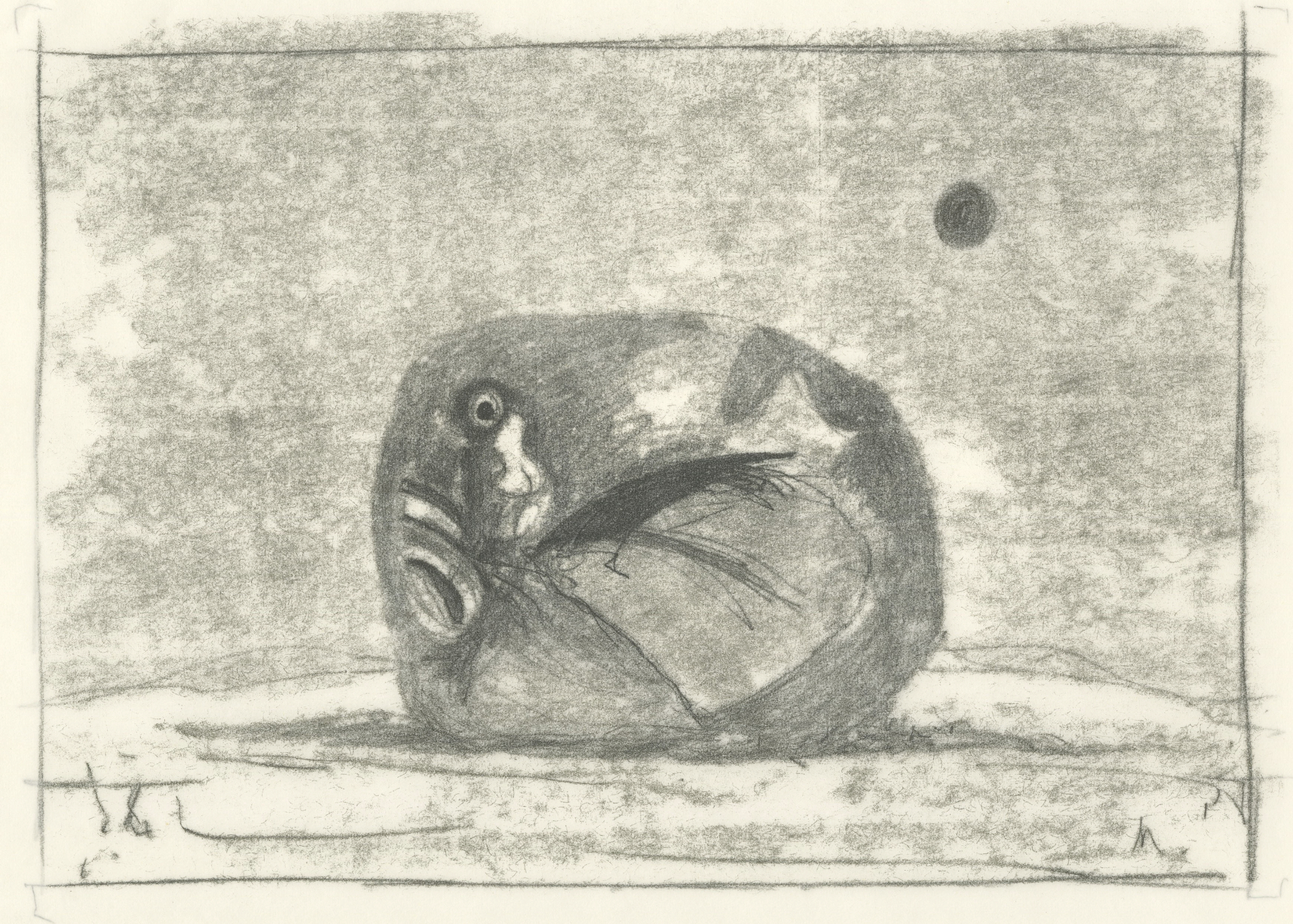 Black and white print of rock-like creature