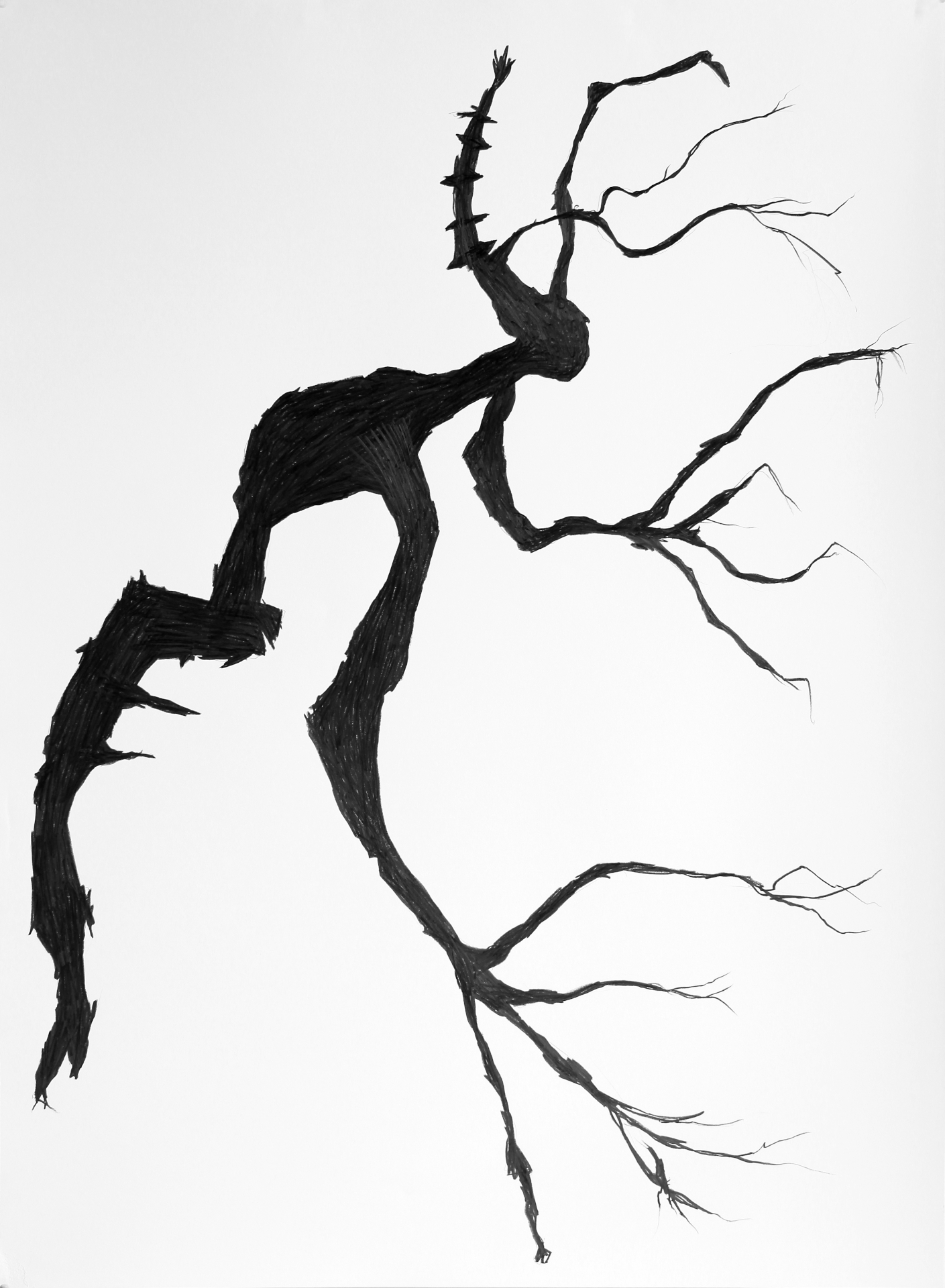 Black and white print of tree-like creature