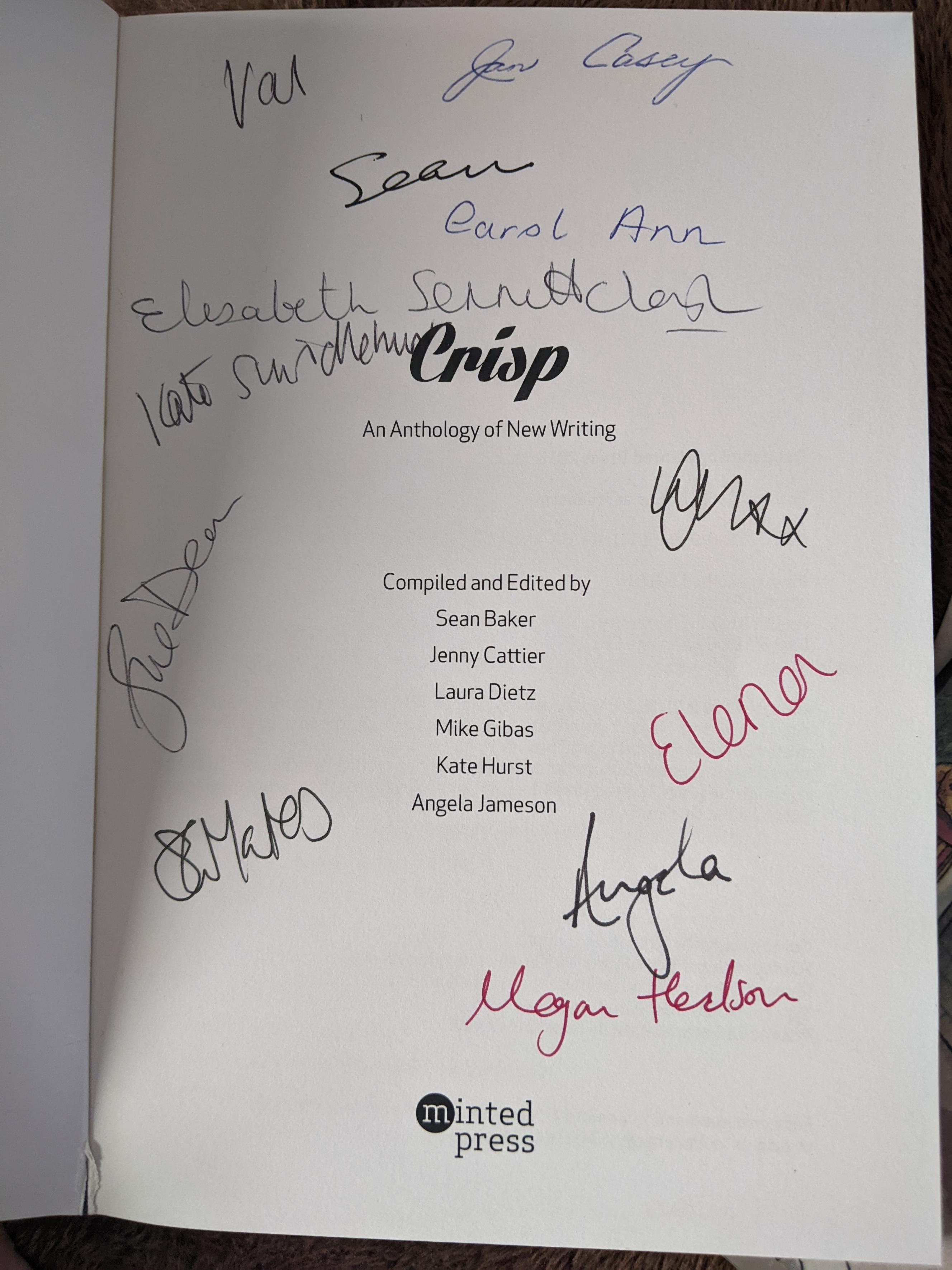 Inside cover of Crisp anthology signed by authors