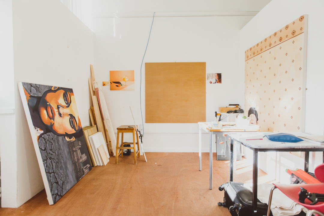 Studio space with paintings