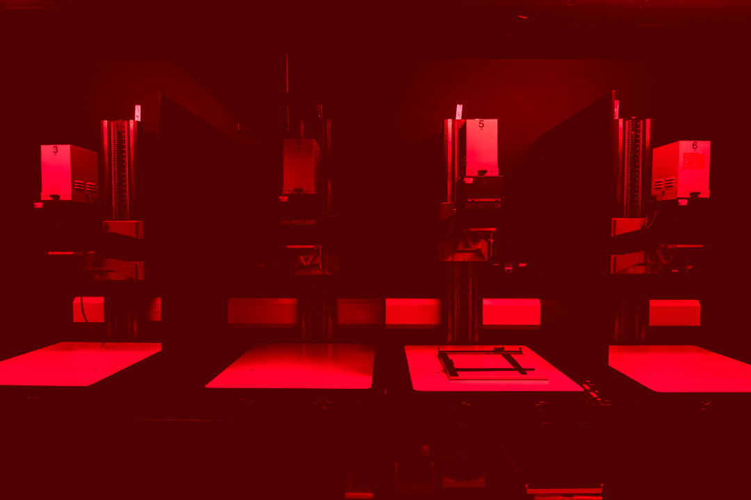 Photography darkroom equipment in red light