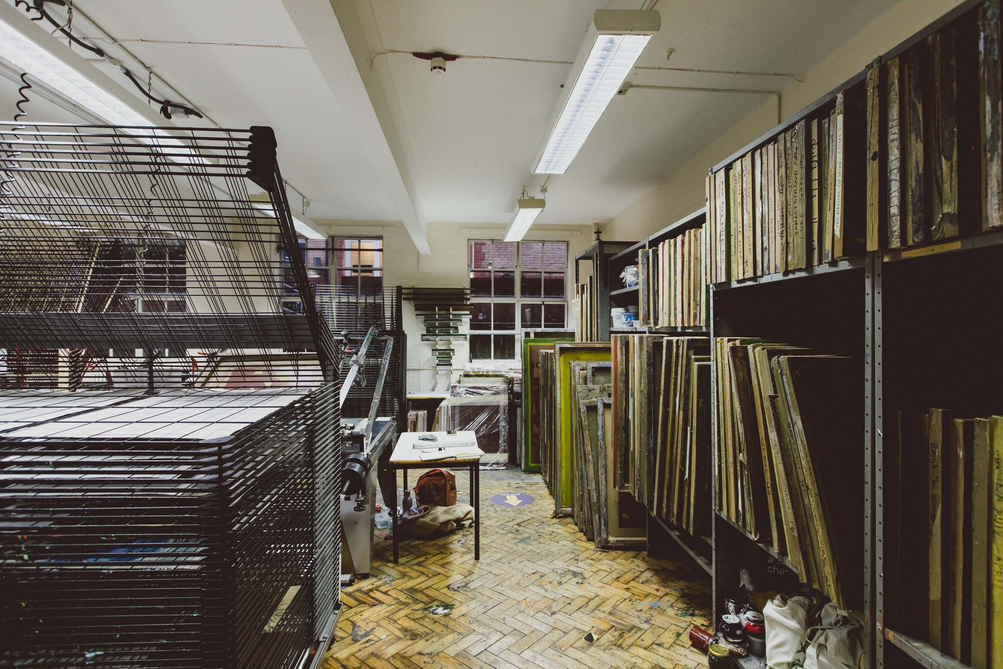Drying racks and shelves in print room