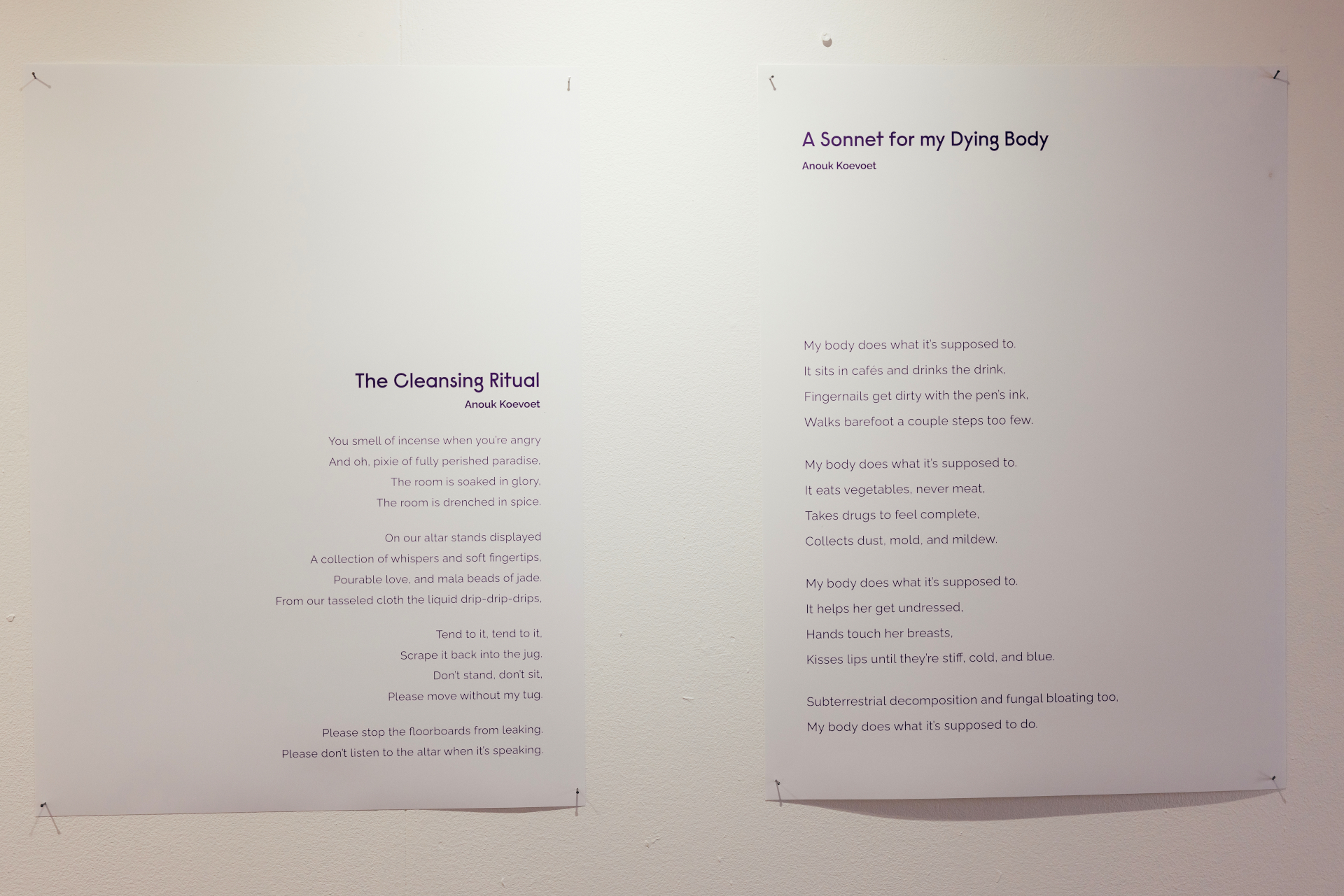 Two poems pinned to wall