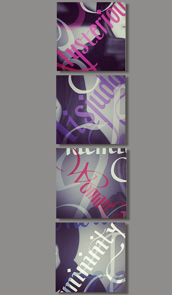Four purple, pink and grey lettering samples