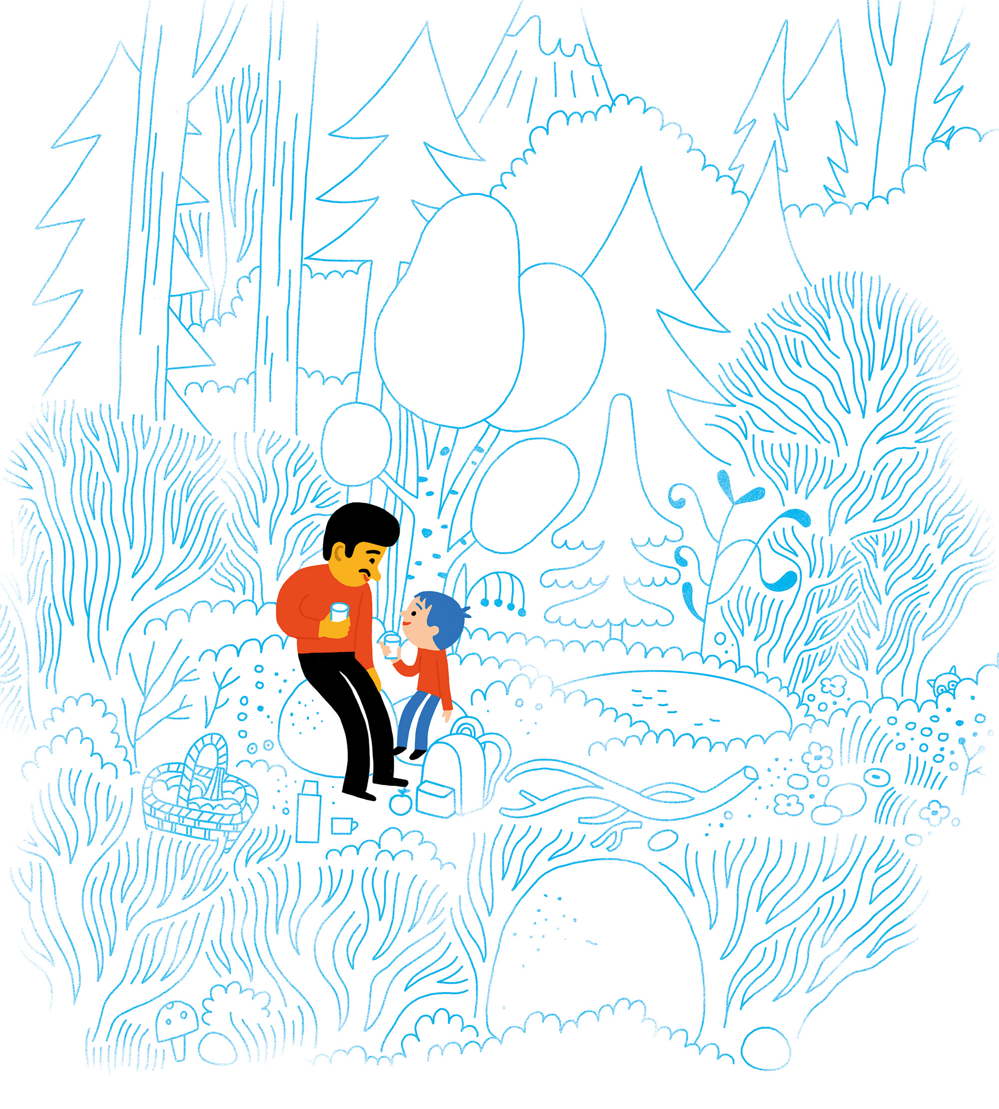 Illustration of father and daughter having picnic in woods
