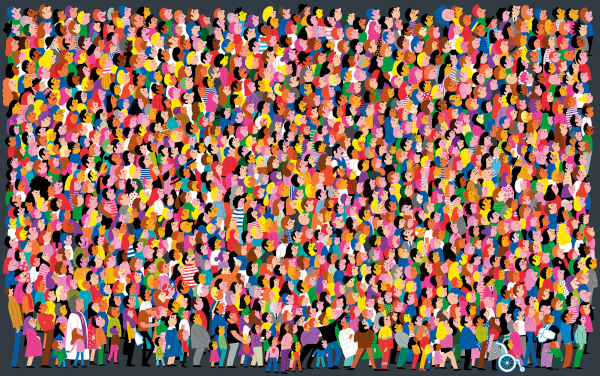 Illustration of crowd of people looking skywards
