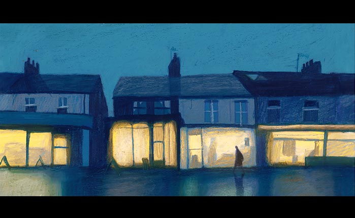 Illustration of houses at night