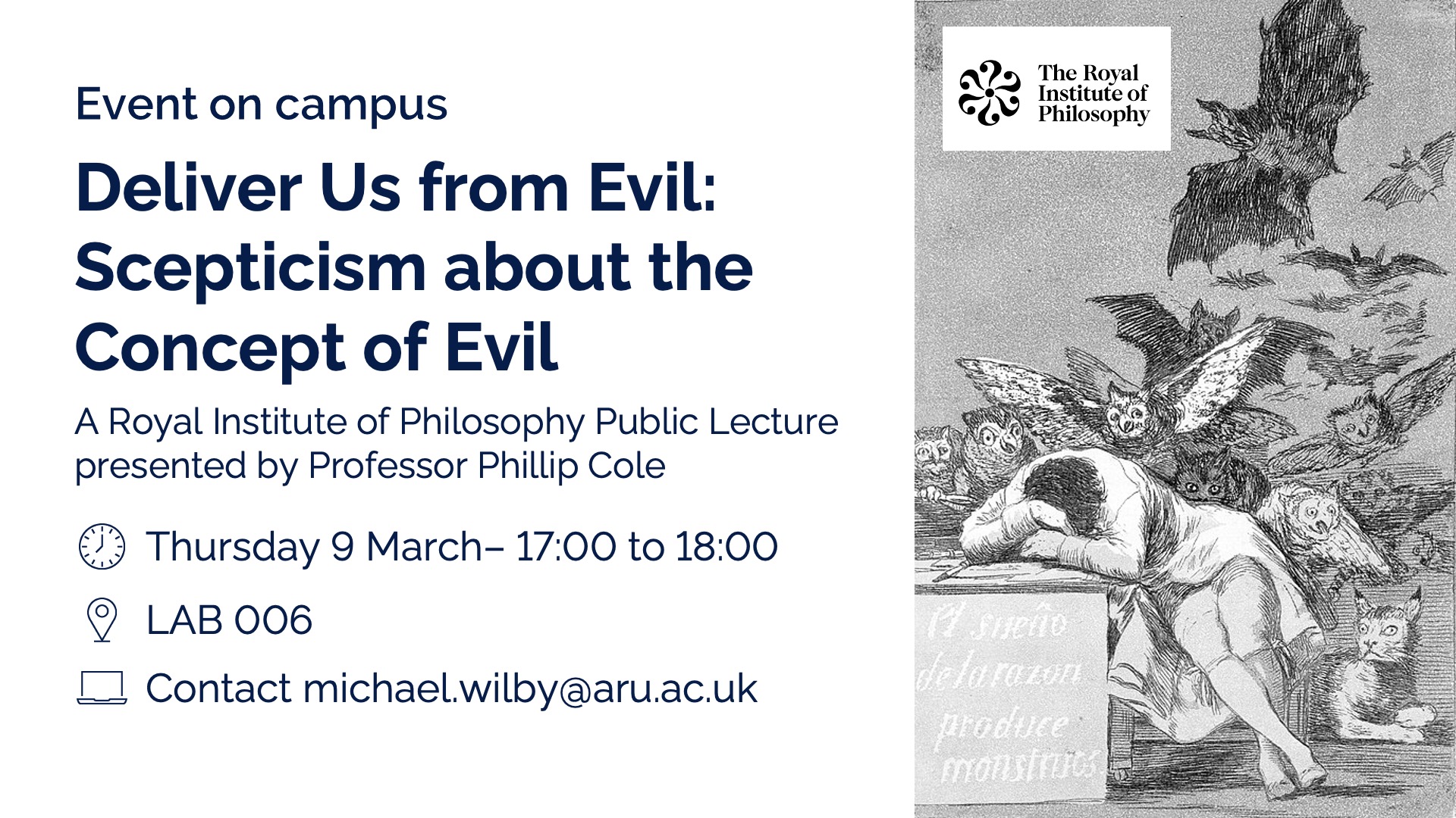 Event graphic - Royal Institute of Philosophy Public Lecture - Professor Phillip Cole (UWE)  - Deliver us From Evil: The Case for Scepticism about the Concept of Evil